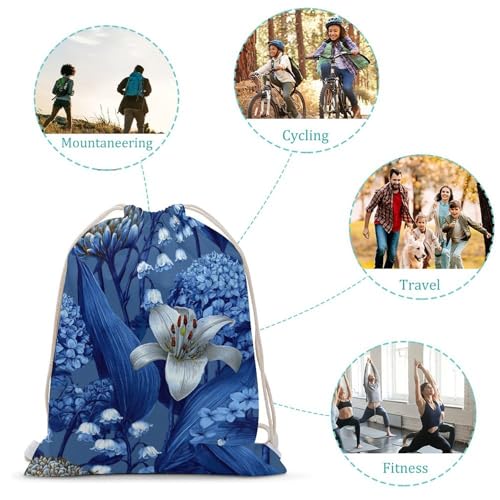 Blue White Lily of The Valley Hydrangea Drawstring Backpack Canvas String Bag Lightweight Sports Gym Bag for Men Women3