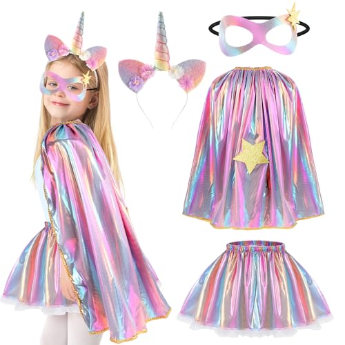 Beipegin 4 Piezas Disfraz Unicornio Niña,Capa Princesa con Falda Tutu Diadema Unicornio Máscara Disfraz Princesa Niña para Halloween Navidad Carnaval Cosplay Cumpleaños Fiesta Regalo