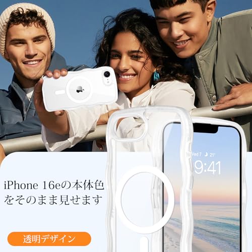 VENINGO iPhone 16e ケース クリア ウェーブ 磁吸対応 MagSafe互換 おしゃれ TPU+PC 韓国風 かわいい 耐衝撃 薄型 軽量 レンズ保護 ストラップホール付き 透明 黄変防止 いPhone16e ケース 6.1インチ クリア
