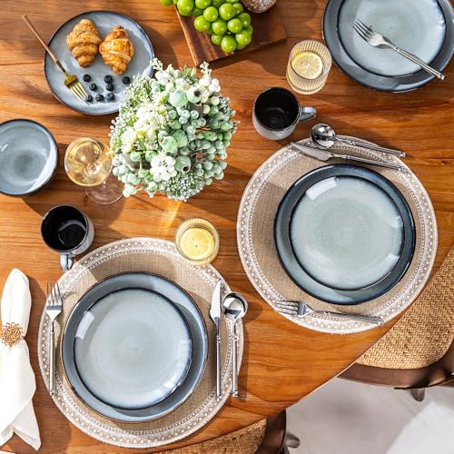 Image of LERATIO Ceramic Dinnerware Sets for 4,16-Piece Reactive Glaze Plates and Bowls Set with Mugs,Highly Chip and Crack Resistant | Dishwasher,Microwave & Oven Safe Dishes set-Gray White