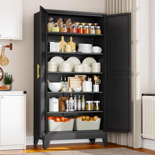 Image of winiowa 78.7 inch Tall Metal Pantry Cabinet, Kitchen Storage Organizer, Black | with 2 Doors and 5 Adjustable Shelves, Versatile Storage Cupboard for Kitchen, Laundry, Dining & Utility Room