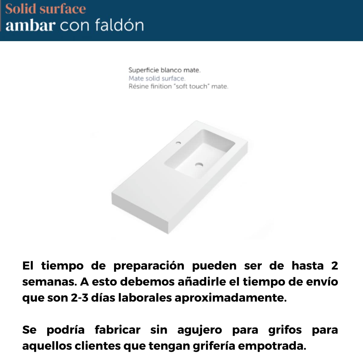Lavabo con Faldón para Baño Solid Surface Suspendida Blanco Mate | Lavabo Suspendido Seno Desplazado a la Derecha Fondo 46cm | Espesor 10cm | 90cm (20+70)
