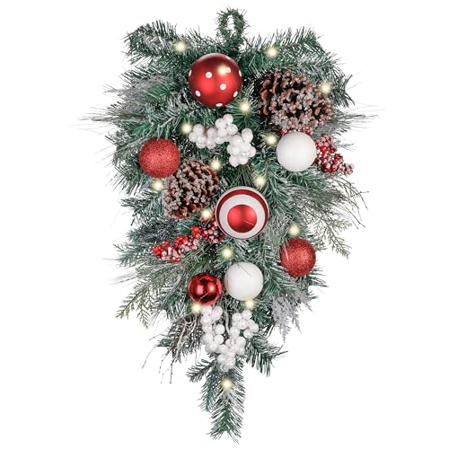 Valery Madelyn Pre-Lit Christmas Teardrop Swag for Decorating Outdoor, 24 Inch Red White Mailbox Swag Decoration with 20 LED Lights, Ball Ornaments for Front Door Stairway Window Shelf Xmas Decor