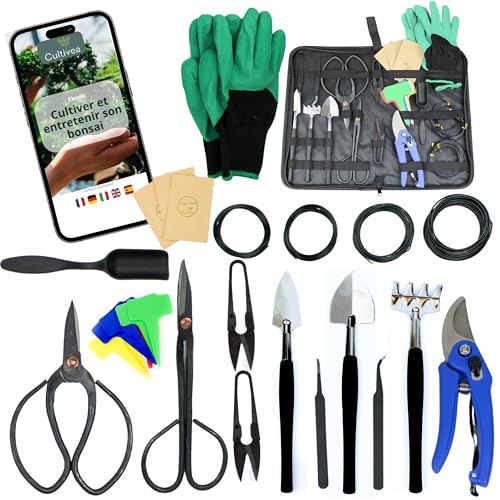 Cultivea® Juego de 32 Herramientas Completas para bonsái - Herramientas de Acero - Jardín - Tijeras para bonsái y Cuidado de Plantas - Tijeras - Alicates - Poda de bonsái - Alambre de Aluminio