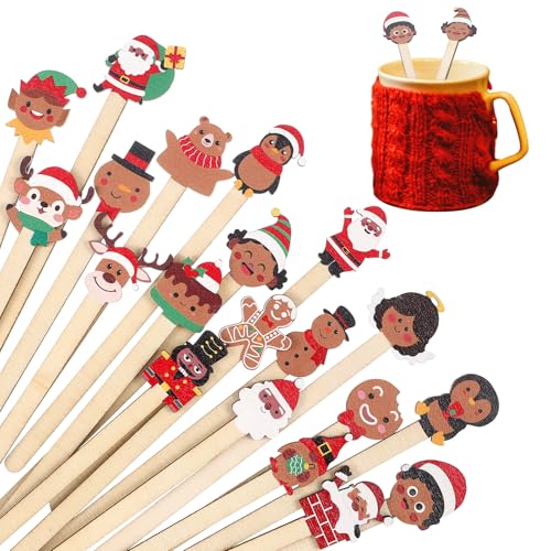 Mifoci 100 Pcs Christmas Wooded Coffee Stirrers African American Christmas Coffee Stir Sticks Disposable Stirring Sticks for Beverage Chocolate Hot Drink Party Supplies, 20 Styles (African American)