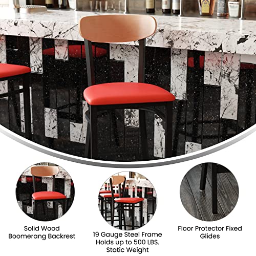 Image of Flash Furniture Wright Commercial Barstool - Natural Birch Finish Wood Boomerang Back - Red Vinyl Seat - 500 LB. Capacity Black Steel Frame - Integrated Footrest