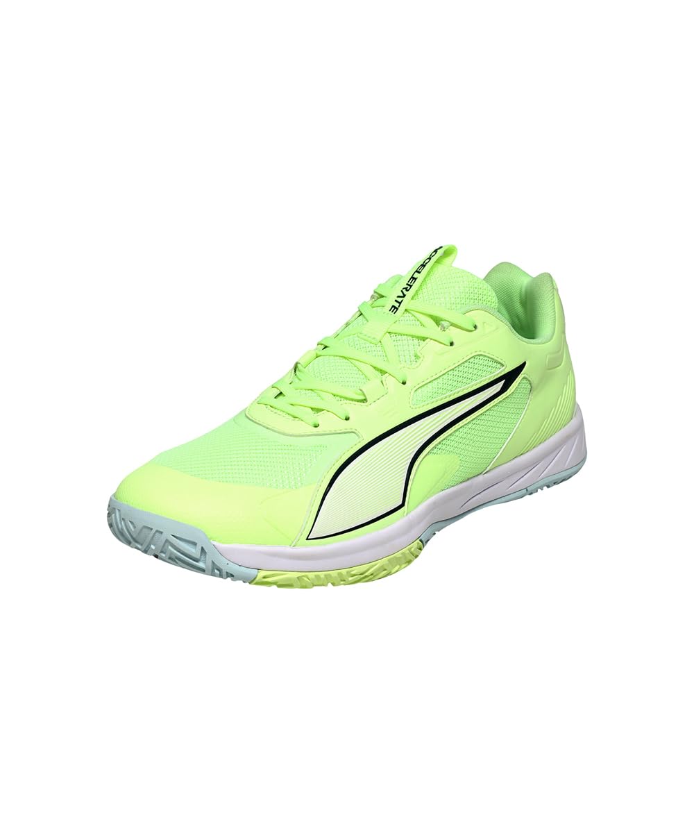PUMA Accelerate Pro 4 unisex-adult Indoor Court Shoe 44.5 EU Fizzy Light Green Terrain Light Moss Puma White