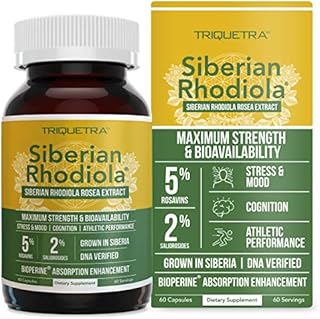 Siberian Rhodiola: Max Strength Rhodiola Rosea - 5% Rosavins, 2% Salidroside - BioPerine Absorption Enhancement, Grown in Siberia, DNA Verified - Reduce Stress, Enhance Energy & Cognition (60 Count)