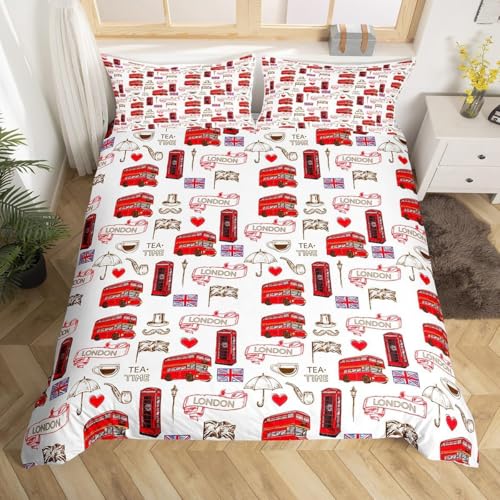 Funda Nordica Cama 90 Juvenil Ciudad de Londres 3D Microfibra Suave Ropa de Cama Autobús de Dibujos Animados 3 Pezzi Include 1 Fundas de Edredón 155x200 cm 2 Fundas de Almohada 50x75cm K.1190