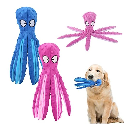 PFLYPF 2 juguetes para perros chirriantes, juguetes de pulpo para mascotas, juguetes de peluche para mascotas sin relleno, juego interactivo con perros (azul + morado)
