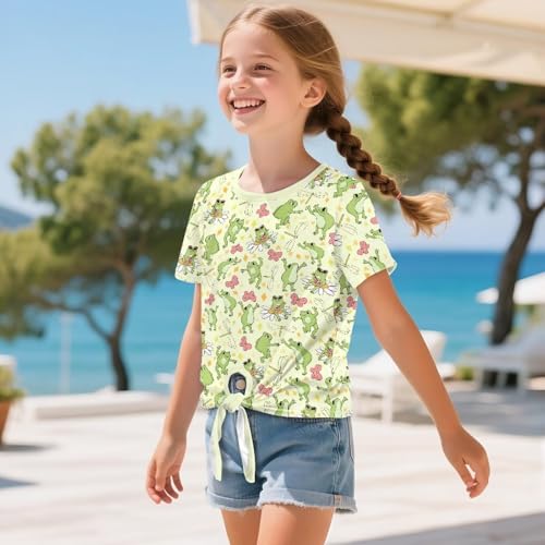 Kawaii Girls Tie Front Top Summer Short Sleeve T Shirts School Crewneck Tees for Kids 5-12Y3