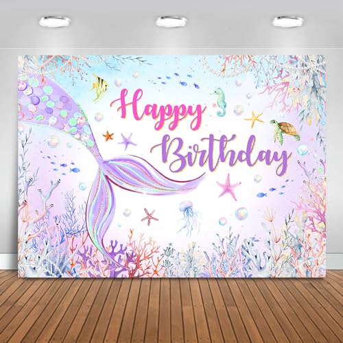 Mocsicka Mermaid Birthday Backdrop Blue Purple Mermaid Happy Birthday Background Under The Sea Mermaid Birthday Girls Birthday Party Decor Photo Booth Props (7x5ft)