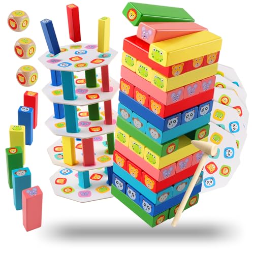 Jenga de Madera 5-en-1 Torre de Madera de Equilibrio y Destrezas con Motivos de Animales Cartas y Dados Estructura Creativa en Madera Natural Diseño Colorido Ideal para Relajación Decoración y Regalo