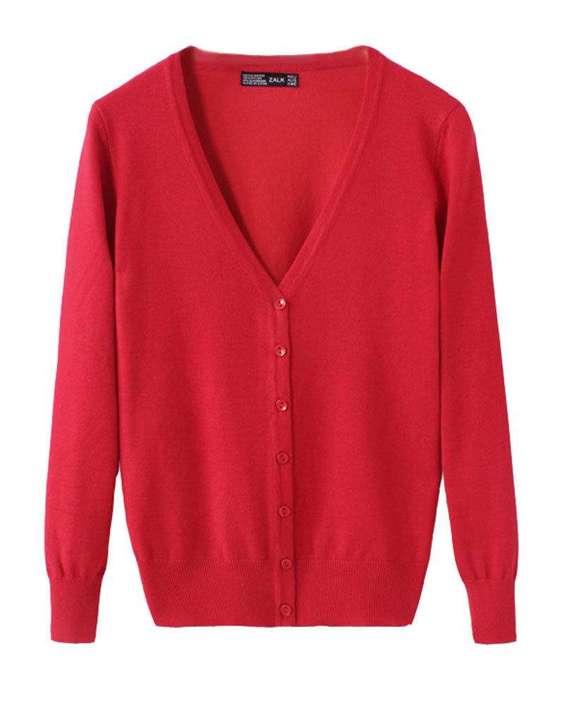 Women's Basic Cardigan V Neck Knit Spring Button Down Long Sleeve Sweater Outwear Red 2XL