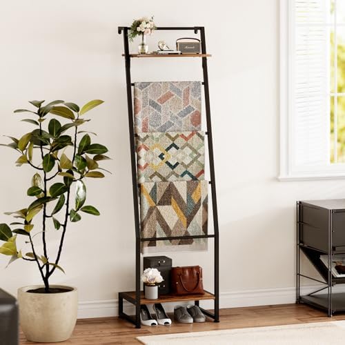 Blanket Ladder with Shelf, 6 Layer Wall-Leaning Blanket Rack, Farmhouse Blanket Shelf for Storage and Home Decor, Freestanding Rack for Bathroom, Rustic Brown and Black