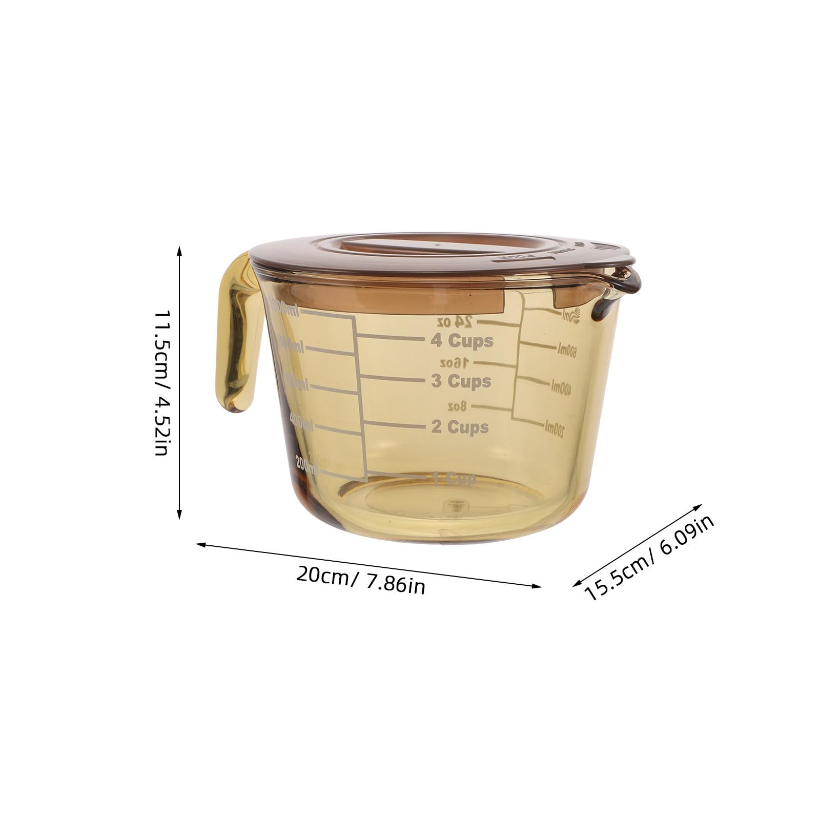Vaso Medidor de Vidrio de 1000ml con Tapa y Vertedor para Repostería | Graduación Visible, Protección de Frescura, Fácil Limpieza, Color Amarillo, Uso en Cocina y Horneado