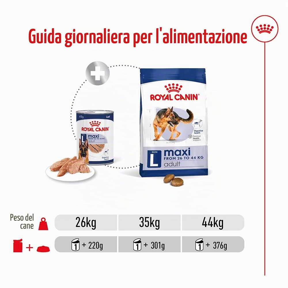 Royal Canin Maxi Adult | 12 x 410 g | Alimento completo per cani grandi adulti (26-44 kg) | Cibo umido ricco di nutrienti ed equilibrato con proteine altamente digeribili