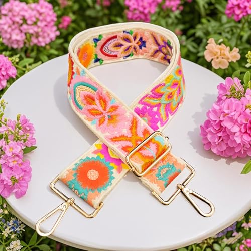 Image of Knit Wide Embroidery Flower Straps,Purse Strap Replacement Crossbody for Shoulder Bag Adjustable Guitar Strap