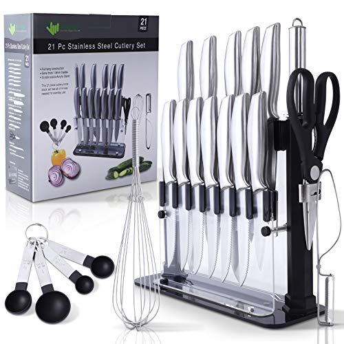 Knife Set with Block 21 Piece German Stainless Steel Kitchen Knives Set with Sharpener Rod Professional Knife Sets for chefs 6 serrated Steak Knives21 Stainless Steel