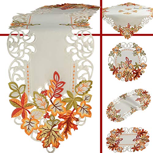 Chemin de table/napperon Blanc Motif brodé avec feuilles d'automne multicolores , Polyester, Weiß, Round 20 cm Cover