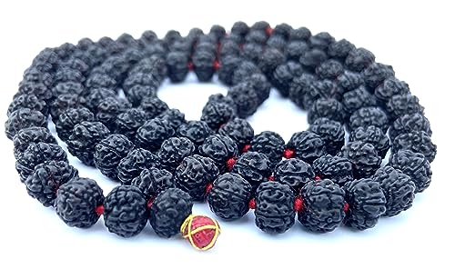 Original Rudraksha Panchmukhi Mala (Black, 9-10mm) for Wearing and Japa Mala (5 Mukhi Mala, 108 Beads Mala Rosary Garland) (Black)