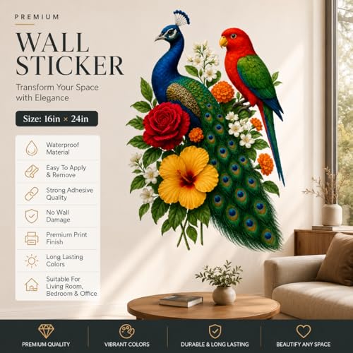 Image of Rangoli Peacock Parrot Wall Sticker Self-Adhesive 16 x 24 Inch Waterproof Wall Decor for Living Room Bedroom Office Bird Floral Wall Decal