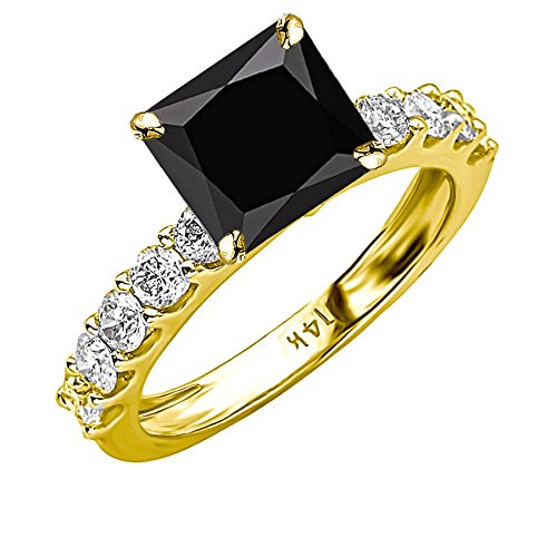 2.9 to 4.9 Carat t.w 14K White Gold Classic Side Stone Prong Set Diamond Engagement Ring w/a 2 Carat Princess Cut Black Diamond Heirloom Quality