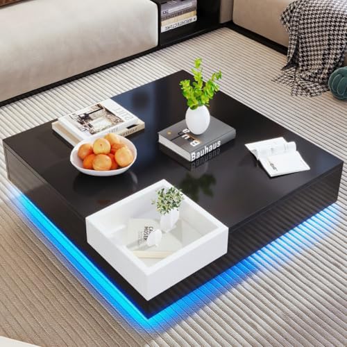 BTM Table Basse Salon LED, Boîte de Rangement Amovible, Table Basse Moderne, 72x72x30 cm, Noir