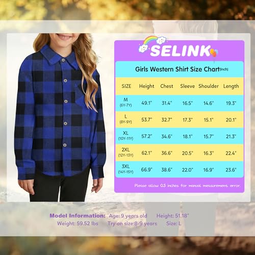 Image of SELINK Girls Long Sleeve Flannel Buffalo Plaid Button Down Shirt | Soft Flannel Fabric,Classic Buffalo Plaid Button Down Collared Blouse For Girls Casual Daily Outfits
