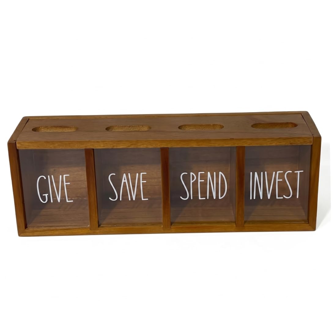 Monwssoe Money Banks, Save Spend Give Bank For Kids, 4-slot Wall-mounted Savings Box With Magnetic Lids, Visual Money Saving Box For Bedroom, Living Room, Laundry Room - Brown