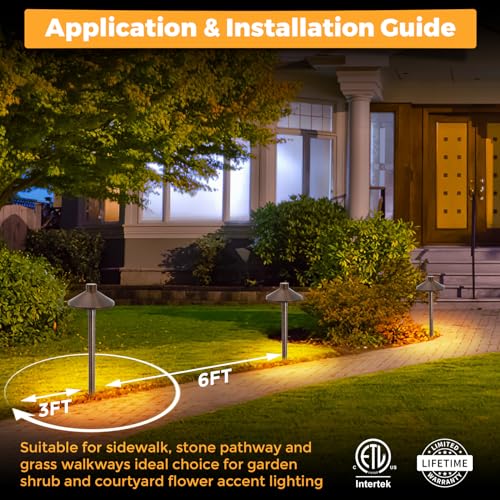 Gardencoin Solid Brass Low Voltage Pathway Lights (6.7'' Shade, 21.9'' Tall), 12V AC/DC Heavy Duty LED Landscape Path Lights Outdoor Wired, Antique Bronze Walkway Lights with Larger Stake, 12-Pack - Image 5