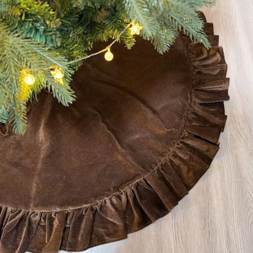 Amidaky Velvet Christmas Tree Skirt Brown 36 inch Ruffled Holiday Tree Skirt for Rustic Xmas Tree Decoration