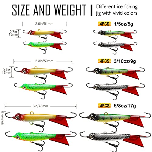 Dovesun Ice Fishing Jigs Kit, Ice Fishing Lures With Glide Tail Wings Treble Hooks Ice Fishing Gear Crappie Jigs Ice Fishing Kit 12Pcs #TOP3
