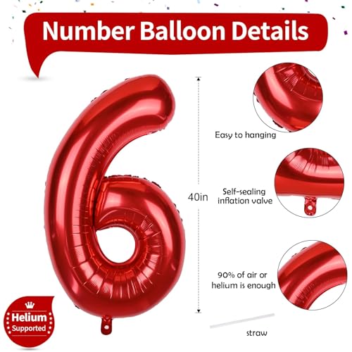 Image of Large Number Balloons 6 for Boys, Red 40 Inch Foil Self Inflating Number 6 Balloon for Women Men 60th 25th Birtyday Party Anniversary Graduation Party 0-9 Set Balloons Decorations Supplies