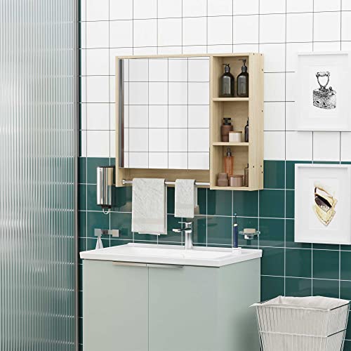 Kleankin Meuble Salle de Bain avec Miroir, Armoire Toilettes Murale, Miroir Salle de Bain avec Rangement, Porte-Serviettes, 3 niches, Placard et étagère réglable, 80x15x90 cm Naturel