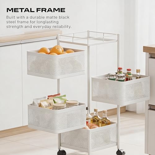 Image of Metal Multi-Purpose Trolley Kitchen Storage Organizer Rack Stand with 360 Wheels | 4 Layer Square Design | Kitchen Accessories Items for Fruit Vegetable Onion Rack for Kitchen (White)