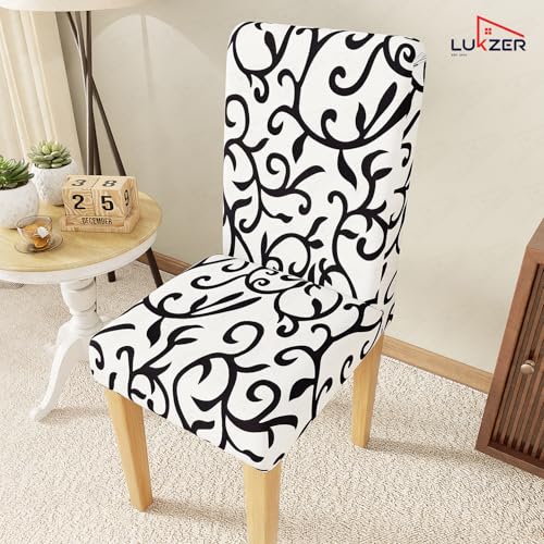 Image of Lukzer 1PC White Design Stretchable Dining Chair Cover | Universal Fit Removable Washable Slipcover | 140 GSM Polyester + Spandex | Elastic Protective Cover for Home & Hotel Chairs Seat Slipcover