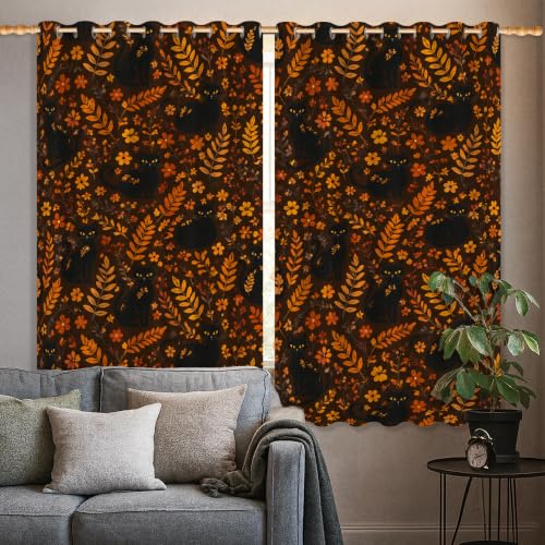 Rideaux occultants salon chambre chat fleurs feuilles orange 106x114 - 5