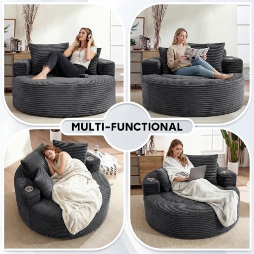 Image of Oversized Round Chair Lounge Chaise Indoor, 55.5 inch Upholstered Corduroy Deep Seat Single Cloud Sofa Chair with Cup Holder, Modern Large Circle Boneless Sleeper Sofa for Living Room, Dark Grey