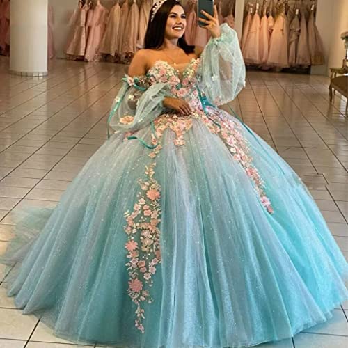 Youjiayi Puffy Sleeve Quinceanera Dresses with Bow 3D Floral Sweet 16 Dresses with Train Off Shoulder Lace Beaded Ball Gown2