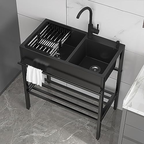 Fregadero de acero inoxidable para exteriores, 2 compartimentos, con grifo y patas para garaje, restaurante, lavandería, camping, hotel, uso doméstico, color negro