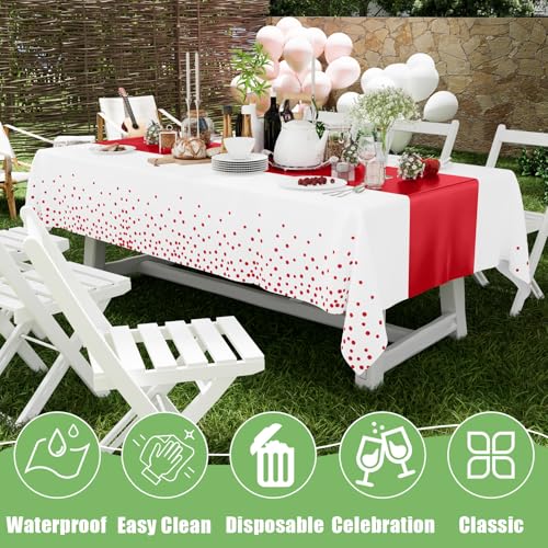 Image of Smiry Plastic Table Cloth Disposable 3 Pack, 54 x 108 Inch Rectangle Waterproof Tablecloth, Printed Gold Table Runner Style for Birthday Weeding, Party Decorations, Leakproof & Sturdy, White and Red