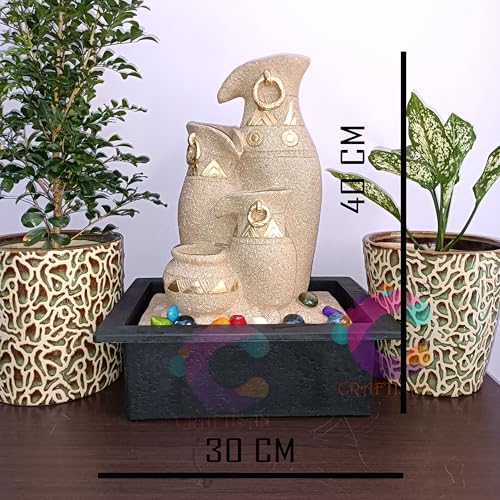 Image of Polyresin Designer Table Top Four Tier Fountain in Yellow Stone for Indoor, Outdoor, Home & Office Decor with Multicolour LED Light and Water Flow Control Pump (C-065, Jug & Matki)