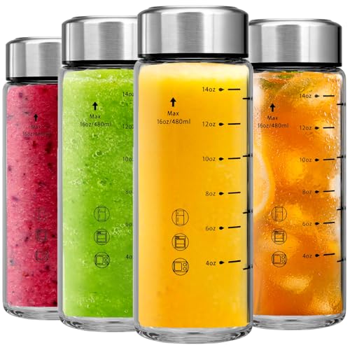 Glass Juice Bottles 4 Pack 16 oz - Wide Mouth Glass Water Bottles with Lids - Borosilicate Stainless Steel Lids for Juicing Smoothies Infused Water Beverage Storage Leakproof Reusable BPA Free