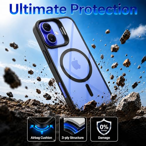 Image of A rtistque Clear Back Cover Case for iPhone 16 | Compatible with Mag-Safe | Built-in Adjustable Camera Stand | Shockproof TPU Bumper | Premium Transparent Design | iPhone 16 Back Cover - Black