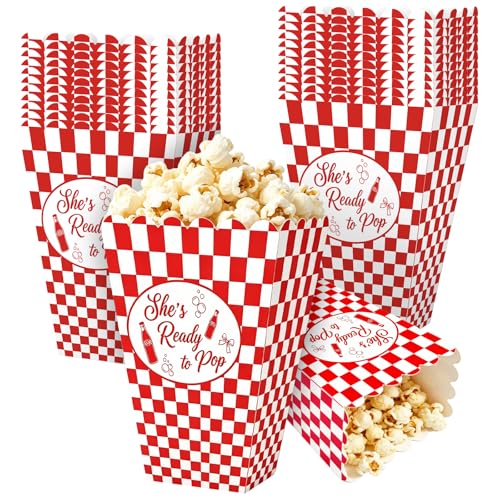 Kreyfer 24 PCS Baby Shower Popcorn Boxes – She’s Ready to Pop Party Favor Boxes, Red Checkered Treat Boxes for Candy Snacks Gender Reveal Decorations