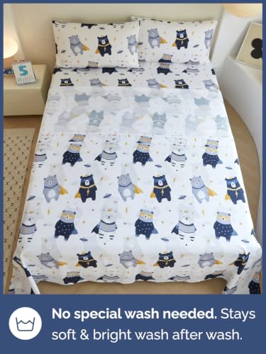 Image of Kids Queen Size Bear Bed Sheets - 4 Piece Kids Bear Sheet Set - Comic Hero Bedding - Ultra-Soft, Cute & Cozy - Breathable & Machine Washable - Wonderful Brave Bed Set for Boys, Girls, Teens & Toddlers