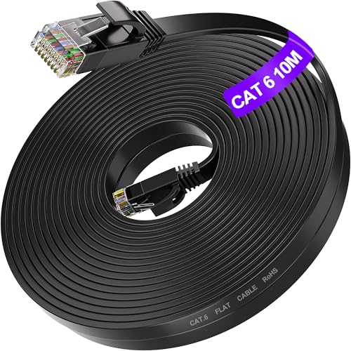 ikbc Cable LAN de 10 metros, Cat 6, plano, 10 m, cable Ethernet de alta velocidad, cable de datos Gigabit RJ45, 1000 Mbps, 250 MHz, resistente al agua, para módem PS4/5 (10 clips)