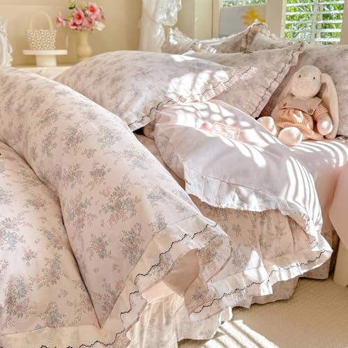 Image of VM VOUGEMARKET Lace Ruffle Duvet Cover Set Twin,Vintage Garden Floral Bedding Set,Double-Layer Gauze Cotton Soft,Breathable & Lightweight for Teen Girls-68 x86