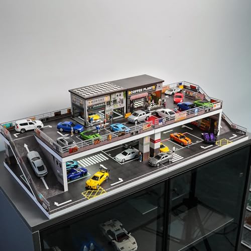 Image of kivmcds Display Case for Hot Wheels Matchbox Toy Car Monster Truck,Lighted Ramp Scene Diorama Garage Parking for 1 /64 Diecast Car,Maximum Hold 40+ Cars (Coffee Shop)